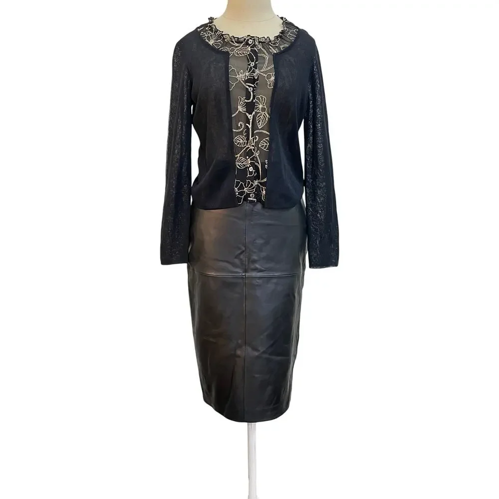 BOD & CHRISTENSEN Dawn Black Leather Knee Length Back Slit Straight Skirt Size 6